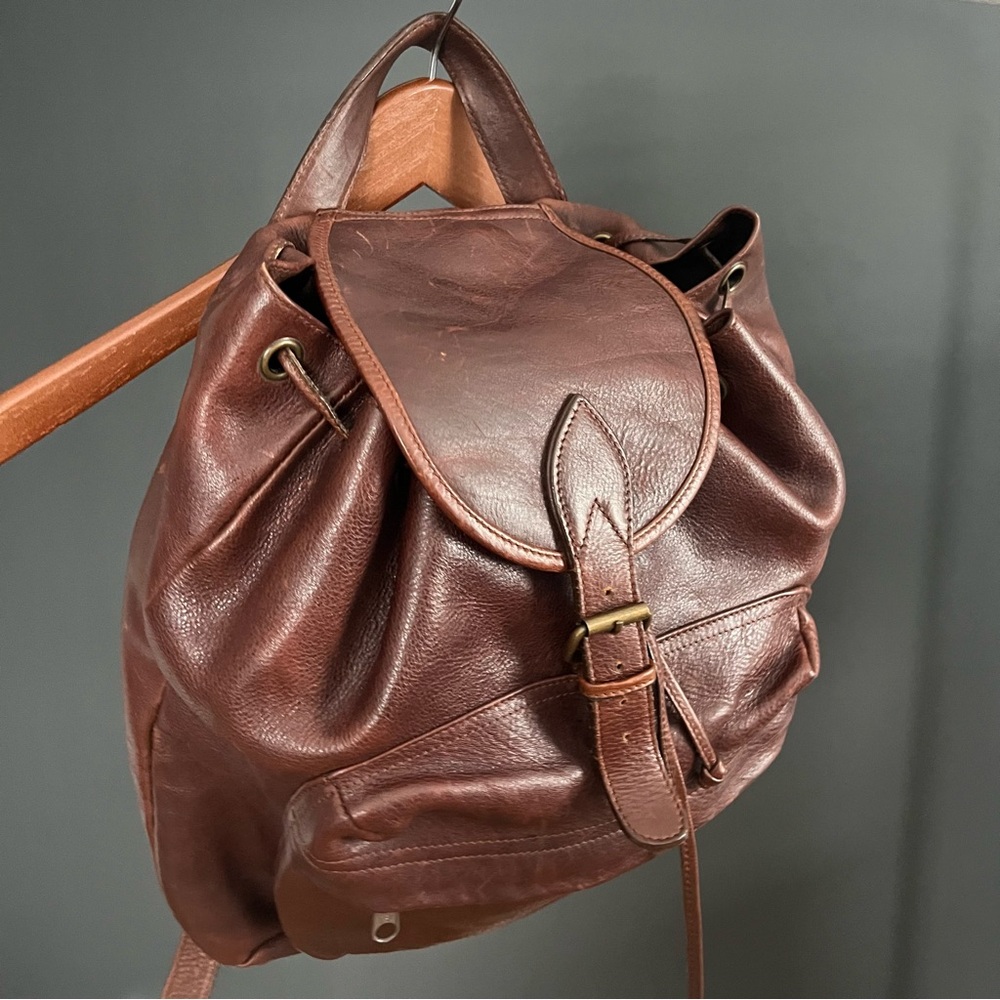 Vintage 90s Genuine Leather Backpack Rucksack Cognac Brown Slouchy Unisex - Picture 4 of 11